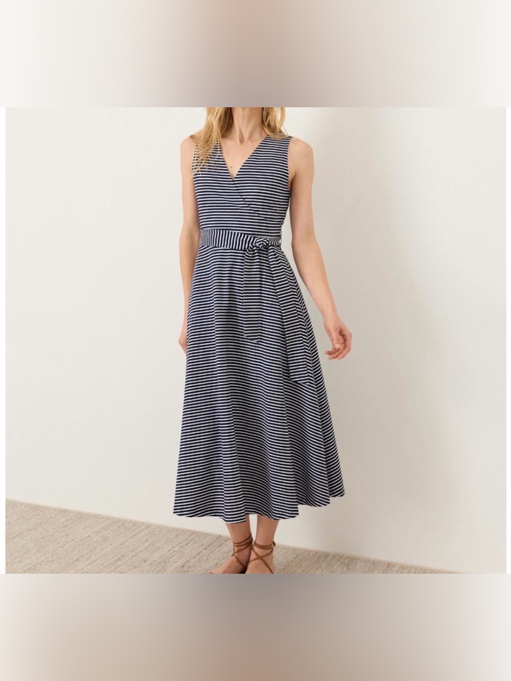 Pact Navy and White Striped Sleeveless Wrap Midi Dress